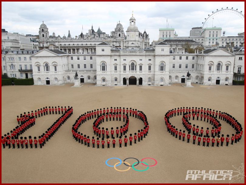 Photo Credit: LOCOG / Guardsmen from the Grenadier, Coldstream, Scots and Welsh Guards mark 100 days to go
