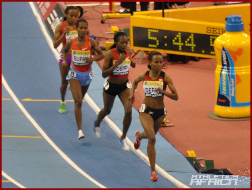 Defar leads Obiri and Burka during the 3000m yesterday/ Photo: Yomi Omogbeja